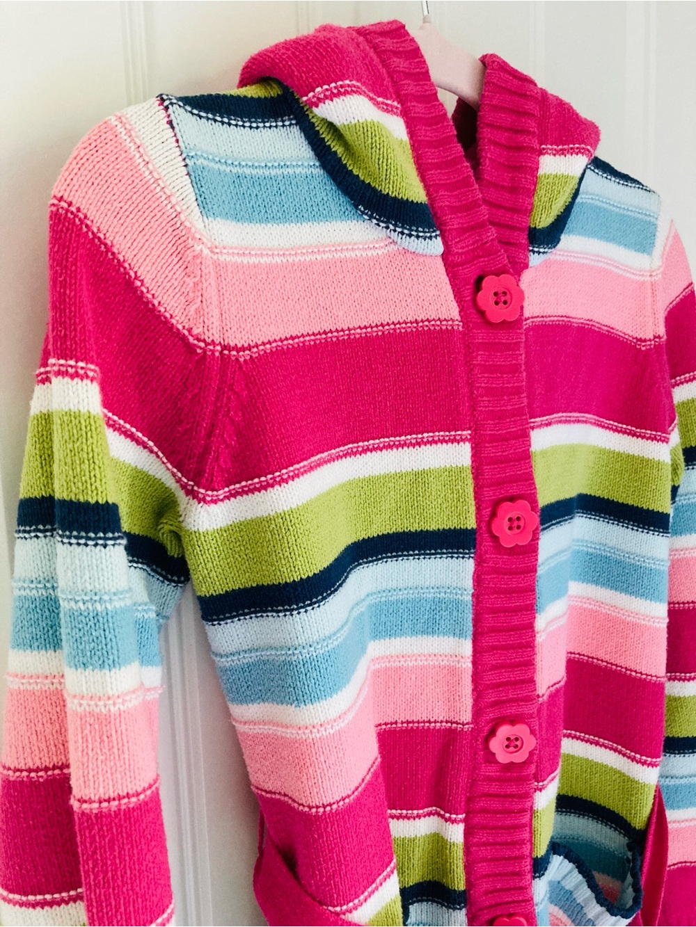 Gymboree Striped Belted Cardigan with Hood & Flower Buttons | M (7/8)